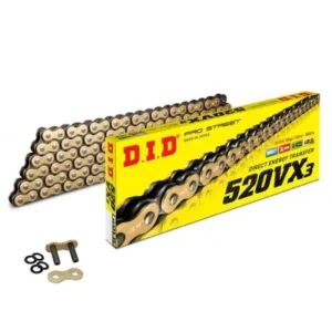 Cadena quad DID 520 VX3 X-Ring DORADA reforzada con retenes 92 94 96 98 100 o 104 pasos DID520VX398D